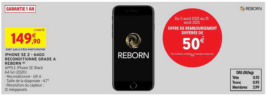 IPHONE SE 2 - 64GO RECONDITIONNE GRADE A REBORN