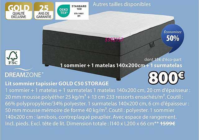 Lit sommier tapissier GOLD C50 STORAGE
