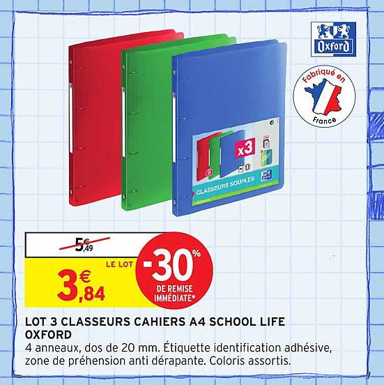 LOT 3 CLASSEURS CAHIERS A4 SCHOOL LIFE OXFORD