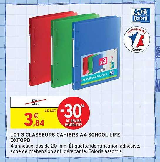 LOT 3 CLASSEURS CAHIERS A4 SCHOOL LIFE OXFORD
