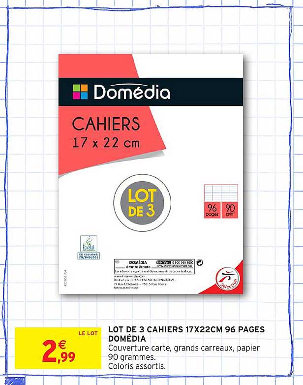 LOT DE 3 CAHIERS 17X22CM 96 PAGES DOMÉDIA
