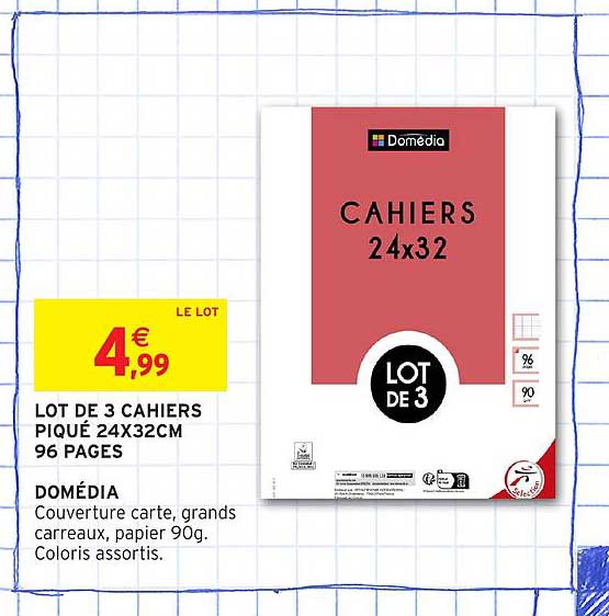 LOT DE 3 CAHIERS PIQUÉ 24X32CM 96 PAGES