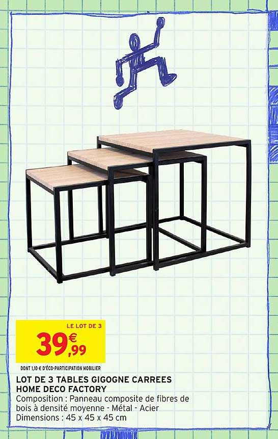 LOT DE 3 TABLES GIGOGNE CARREES HOME DECO FACTORY