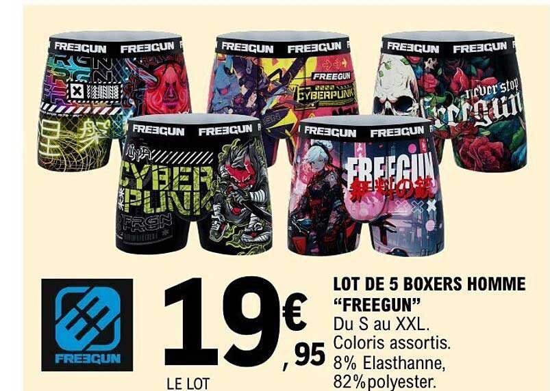 LOT DE 5 BOXERS HOMME "FREEGUN"