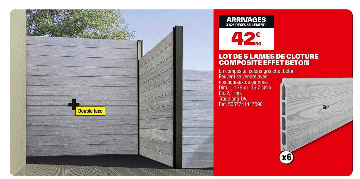 LOT DE 6 LAMES DE CLOTURE COMPOSITE EFFET BETON