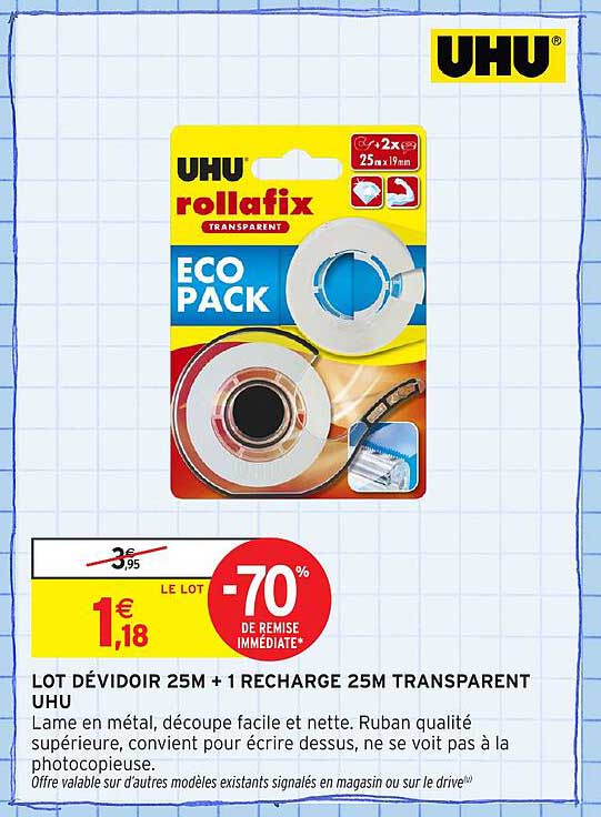 LOT DÉVIDOIR 25M + 1 RECHARGE 25M TRANSPARENT UHU