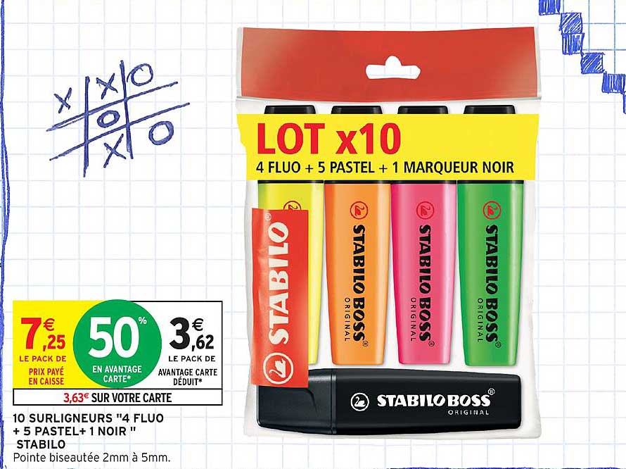 LOT x10 4 FLUO + 5 PASTEL + 1 MARQUEUR NOIR STABILO