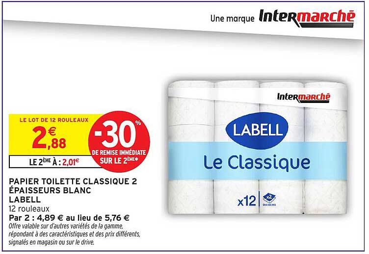 PAPIER TOILETTE CLASSIQUE 2 ÉPAISSEURS BLANC LABELL