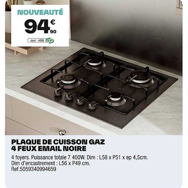 PLAQUE DE CUISSON GAZ 4 FEUX EMAIL NOIRE