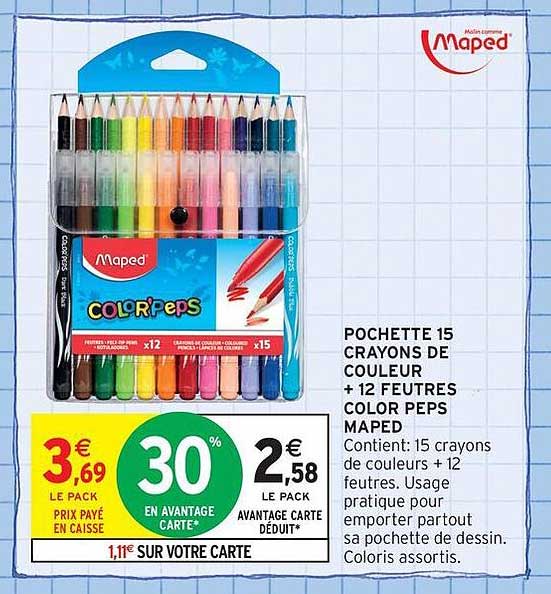 POCHETTE 15 CRAYONS DE COULEUR + 12 FEUTRES COLOR PEPS MAPED