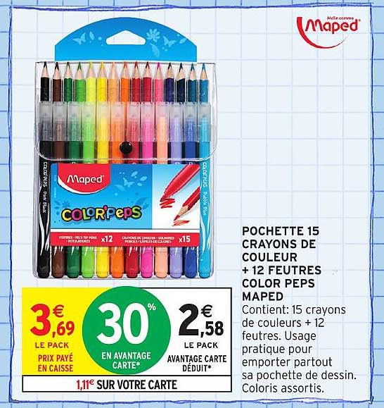 POCHETTE 15 CRAYONS DE COULEUR + 12 FEUTRES COLOR PEPS MAPED