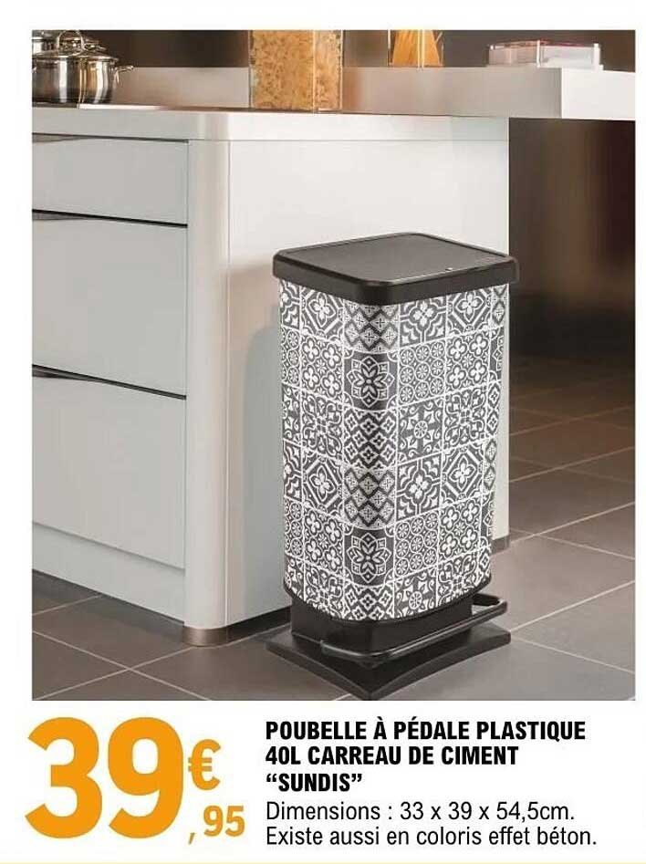 POUBELLE À PÉDALE PLASTIQUE 40L CARREAU DE CIMENT "SUNDIS"