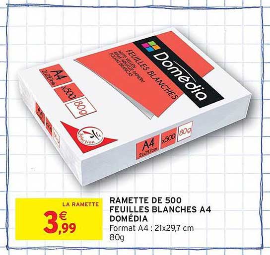 RAMETTE DE 500 FEUILLES BLANCHES A4 DOMÉDIA