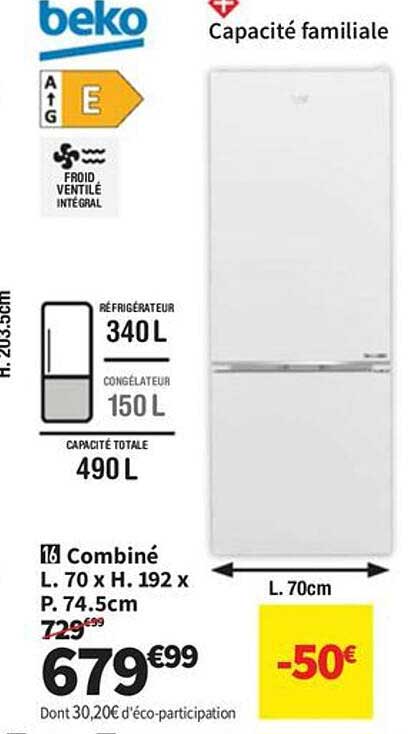 Réfrigérateur combiné Beko 490 L -50€