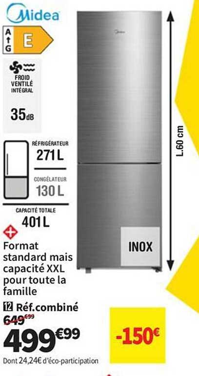 Réfrigérateur combiné Midea inox 401L -150€