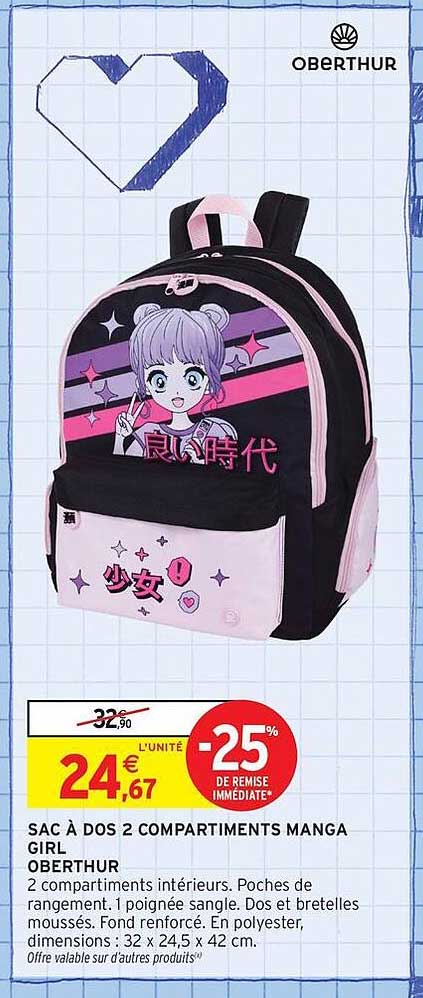 SAC À DOS 2 COMPARTIMENTS MANGA GIRL OBERTHUR