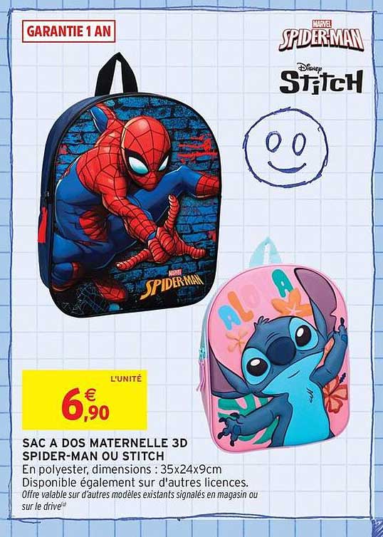 SAC A DOS MATERNELLE 3D SPIDER-MAN OU STITCH