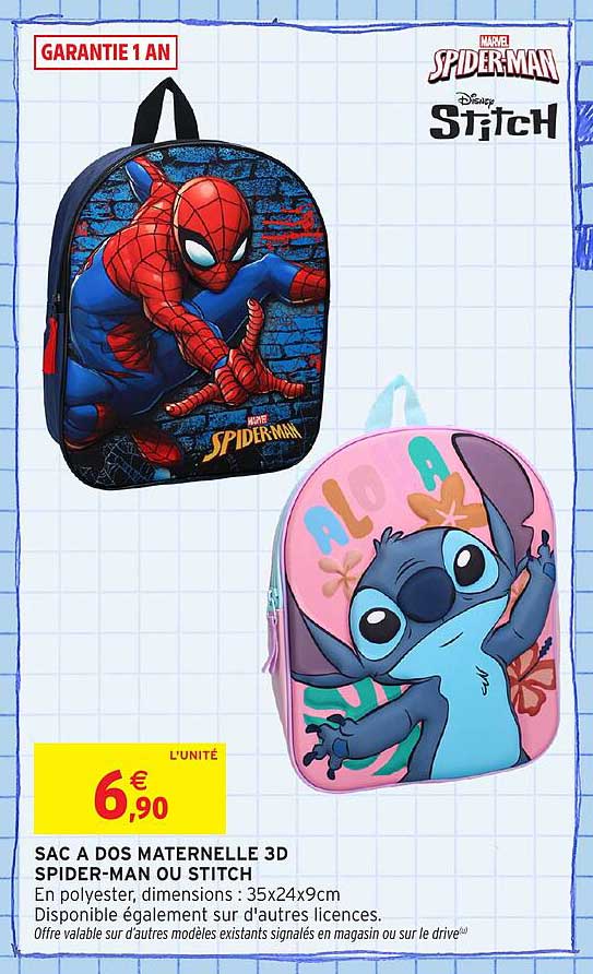SAC A DOS MATERNELLE 3D SPIDER-MAN OU STITCH