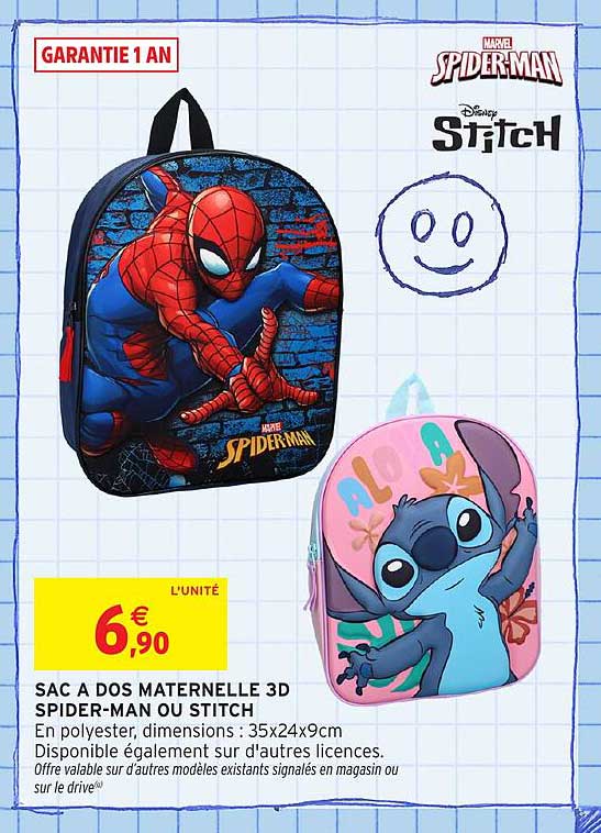 SAC A DOS MATERNELLE 3D SPIDER-MAN OU STITCH