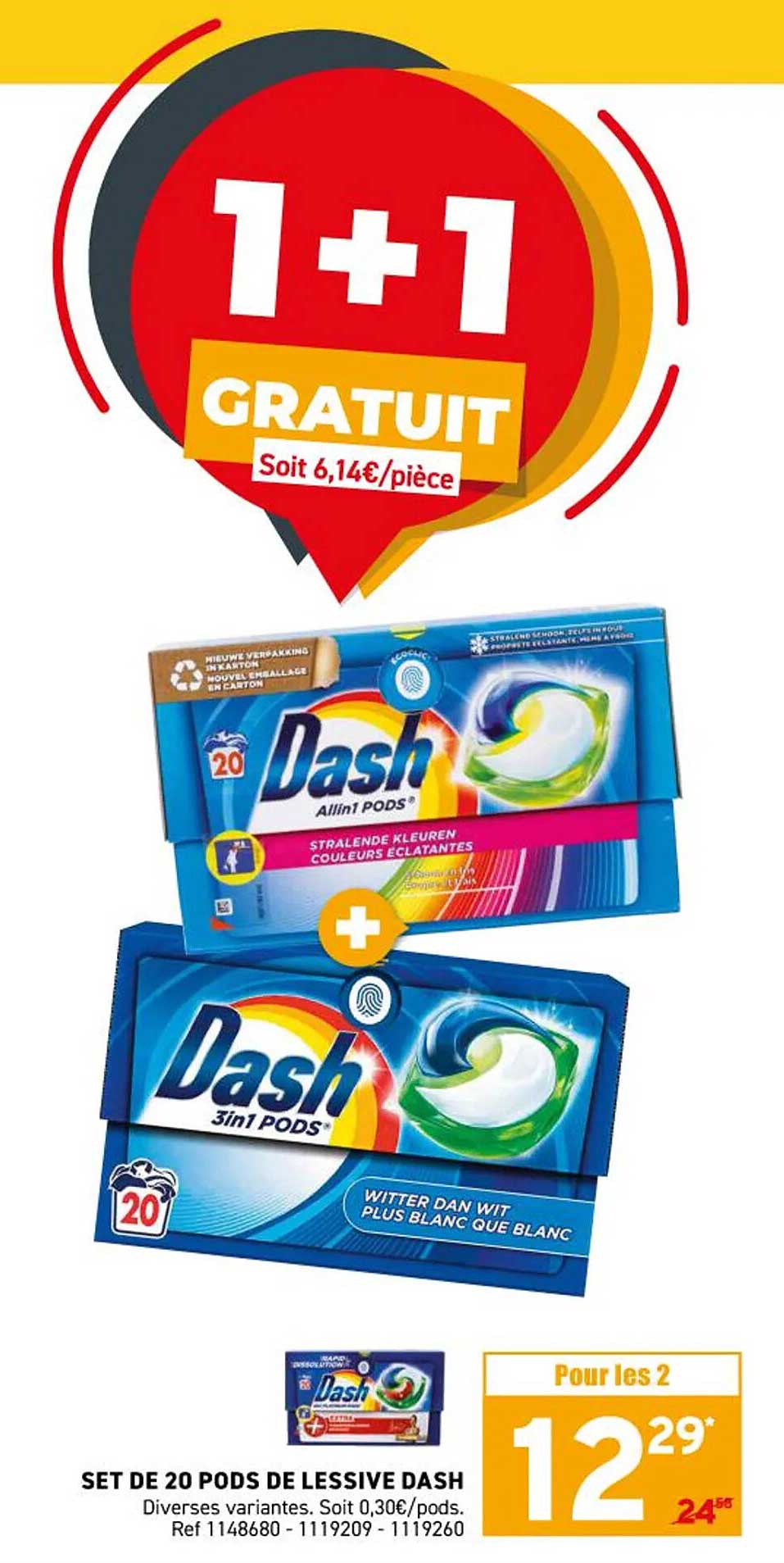 SET DE 20 PODS DE LESSIVE DASH 1+1 GRATUIT