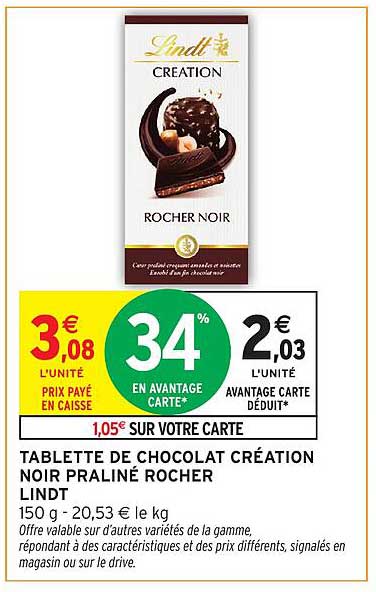 TABLETTE DE CHOCOLAT CRÉATION NOIR PRALINÉ ROCHER LINDT