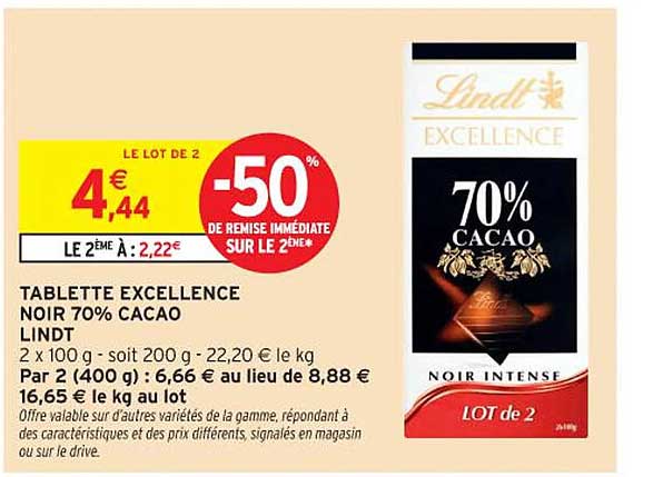 TABLETTE EXCELLENCE NOIR 70% CACAO LINDT