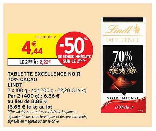 TABLETTE EXCELLENCE NOIR 70% CACAO LINDT