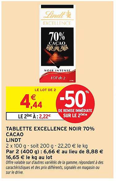 TABLETTE EXCELLENCE NOIR 70% CACAO LINDT