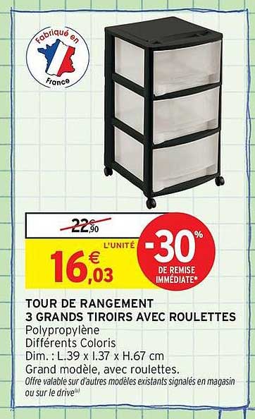 TOUR DE RANGEMENT 3 GRANDS TIROIRS AVEC ROULETTES