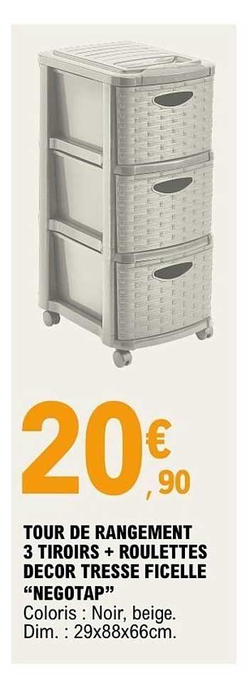 TOUR DE RANGEMENT 3 TIROIRS + ROULLETTES DECOR TRESSE FICELLE “NEGOTAP”