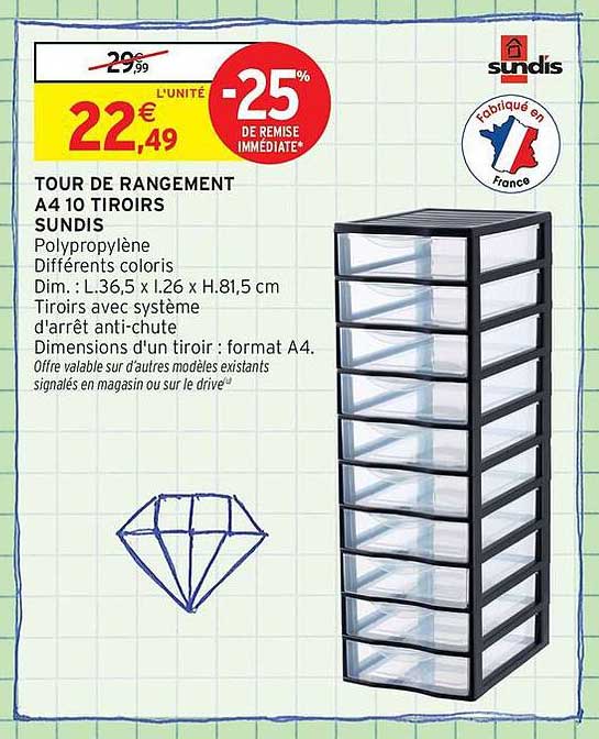TOUR DE RANGEMENT A4 10 TIROIRS SUNDIS