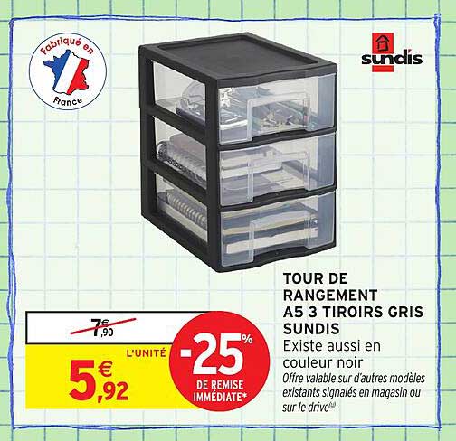 TOUR DE RANGEMENT A5 3 TIROIRS GRIS SUNDIS