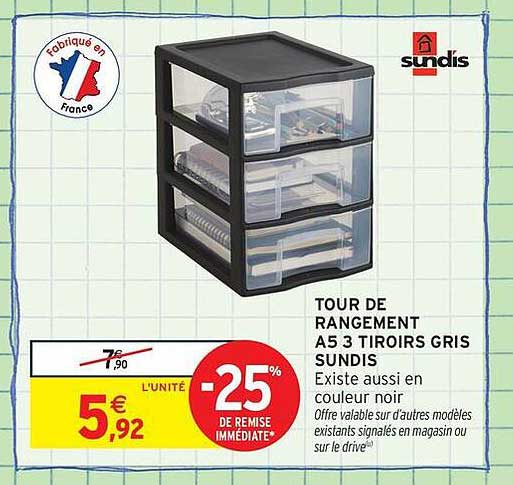 TOUR DE RANGEMENT A5 3 TIROIRS GRIS SUNDIS
