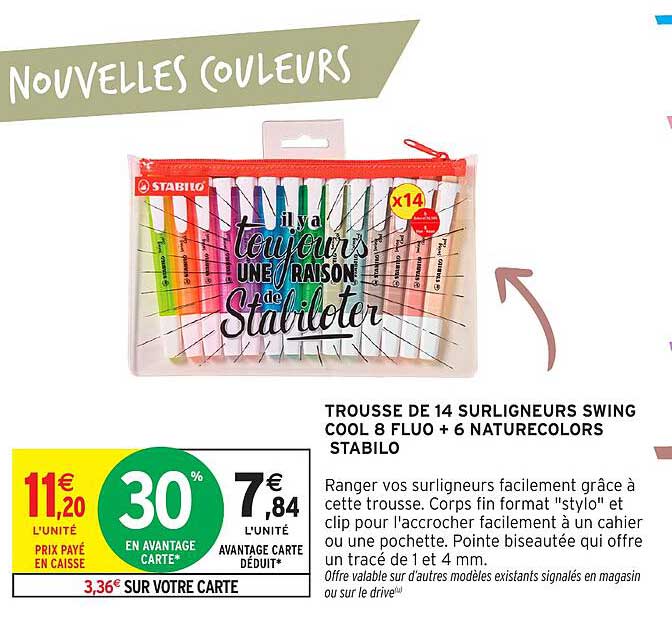 TROUSSE DE 14 SURLIGNEURS SWING COOL 8 FLUO + 6 NATURECOLORS STABILO