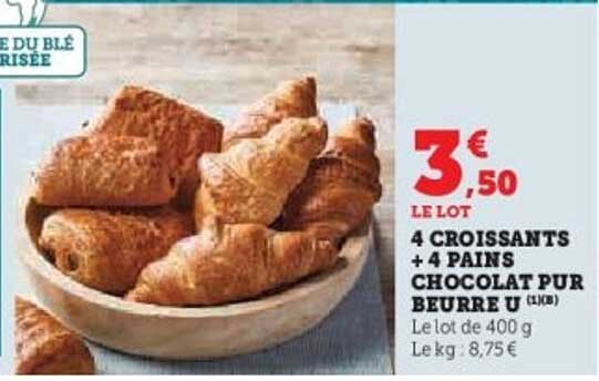 4 CROISSANTS + 4 PAINS CHOCOLAT PUR BEURRE U (1kg)