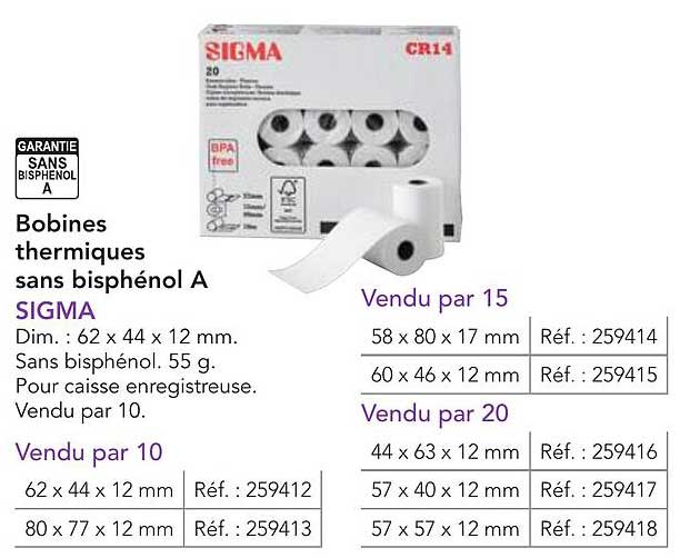 Bobines thermiques sans bisphénol A SIGMA