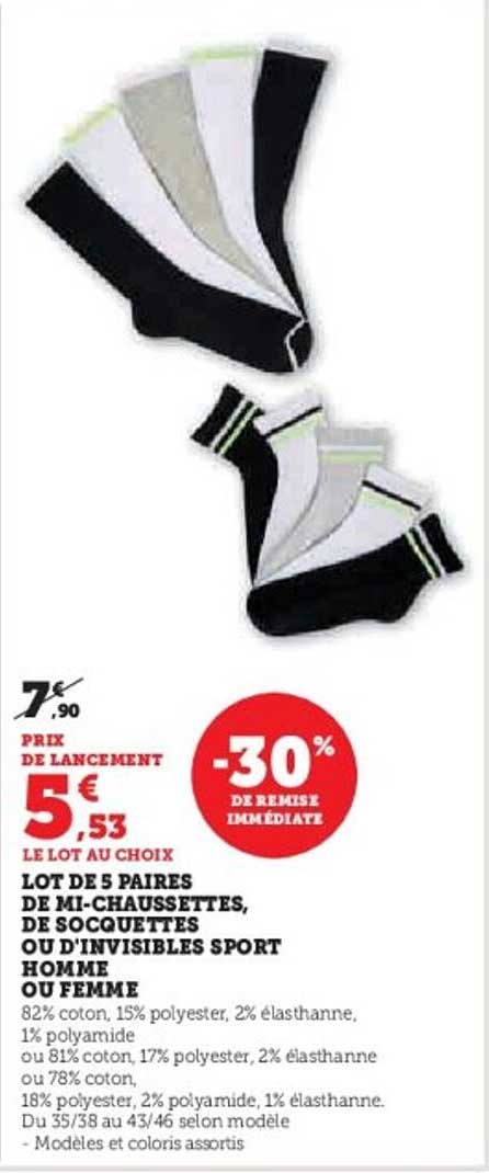 LOT DE 5 PAIRES DE MI-CHAUSSETTES, DE SOCQUETTES OU D'INVISIBLES SPORT HOMME OU FEMME