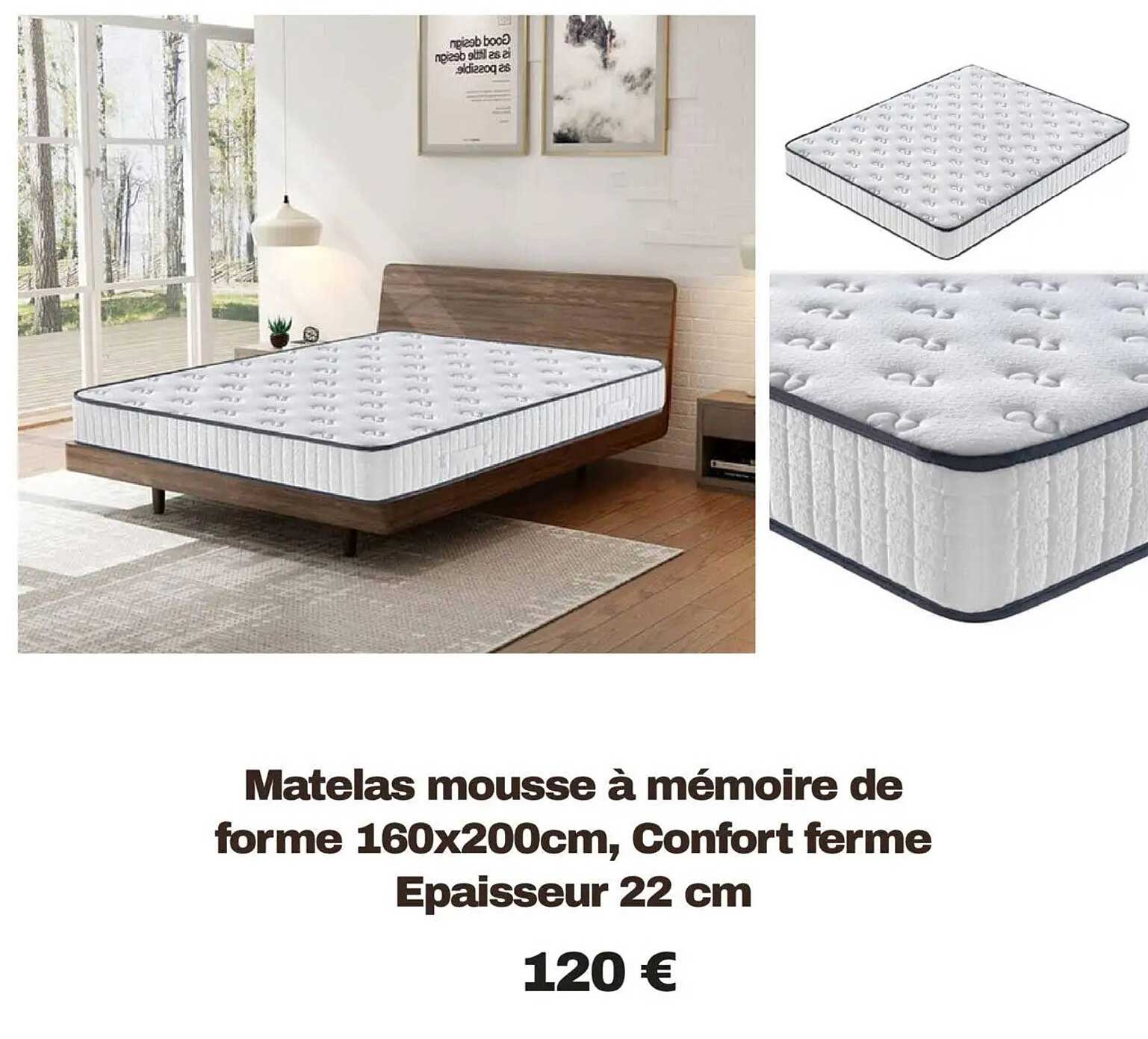 Matelas mousse à mémoire de forme 160x200cm, Confort ferme Epaisseur 22 cm