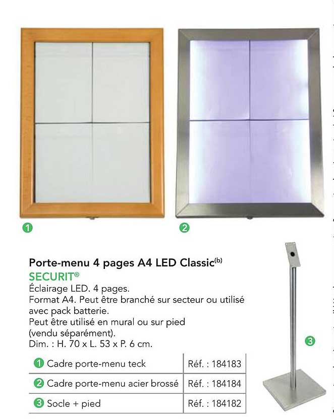 Porte-menu 4 pages A4 LED Classic