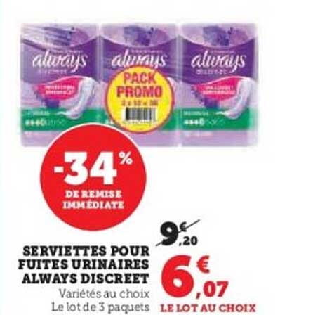 SERVIETTES POUR FUITES URINAIRES ALWAYS DISCREET