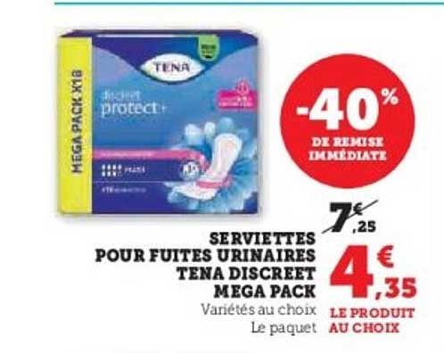 SERVIETTES POUR FUITES URINAIRES TENA DISCREET MEGA PACK