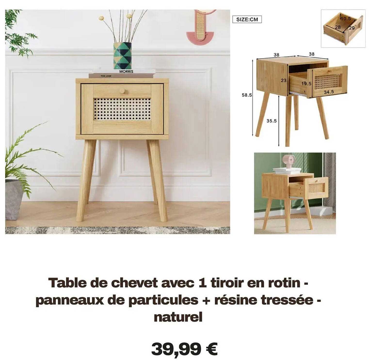 Table de chevet avec 1 tiroir en rotin - panneaux de particules + résine tressée - naturel