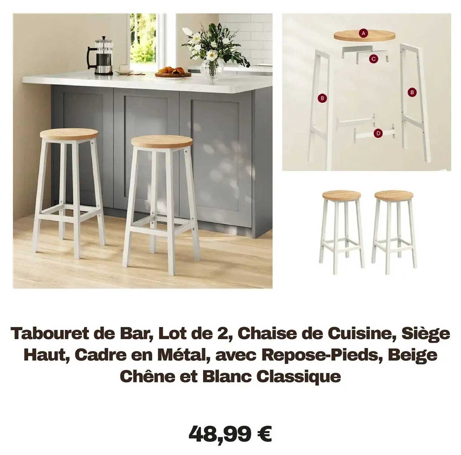 Tabouret de Bar, Lot de 2, Chaise de Cuisine, Siège Haut, Cadre en Métal, avec Repose-Pieds, Beige Chêne et Blanc Classique