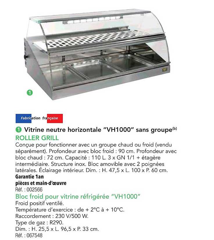 Vitrine neutre horizontale "VH1000" sans groupe