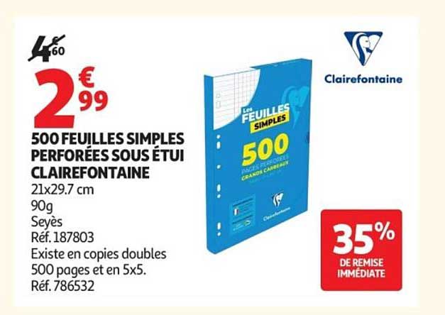 500 FEUILLES SIMPLES PERFOREES SOUS ETUI CLAIREFONTAINE