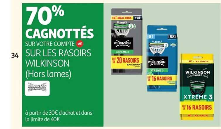 70% CAGNOTTÉS SUR VOTRE COMPTE W! SUR LES RASOIRS WILKINSON (Hors lames)