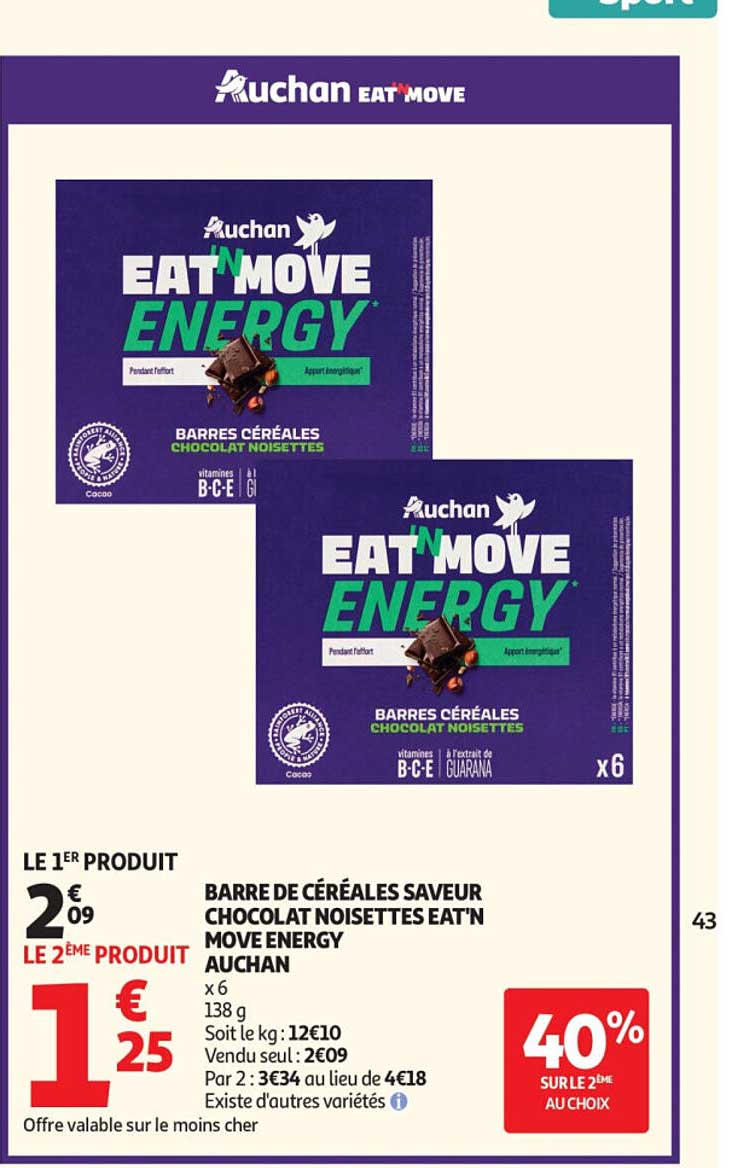 BARRE DE CÉRÉALES SAVEUR CHOCOLAT NOISETTES EAT'N MOVE ENERGY AUCHAN