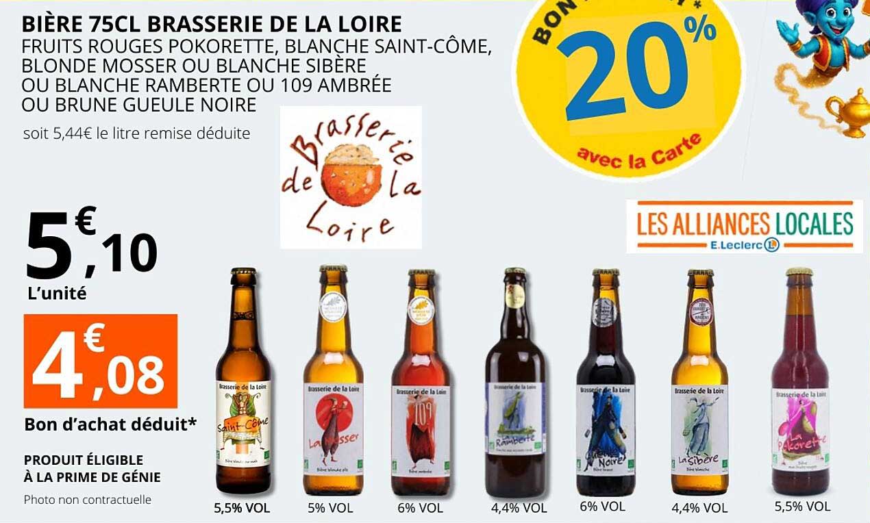 BIÈRE 75CL BRASSERIE DE LA LOIRE FRUITS ROUGES POKORETTE, BLANCHE SAINT-CÔME, BLONDE MOSSER OU BLANCHE SIBÈRE OU BLANCHE RAMBERTRE OU 109 AMBRÉE OU BRUNE GUEULE NOIRE