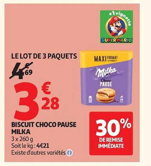 LE LOT DE 3 PAQUETS BISCUIT CHOCO PAUSE MILKA