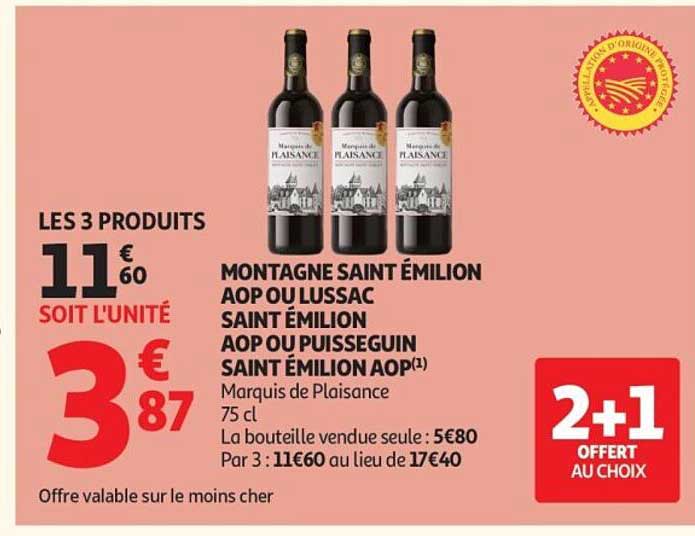 MONTAGNE SAINT ÉMILION AOP OU LUSSAC SAINT ÉMILION AOP OU PUISSEGUIN SAINT ÉMILION AOP(1) Marquis de Plaisance 75 cl